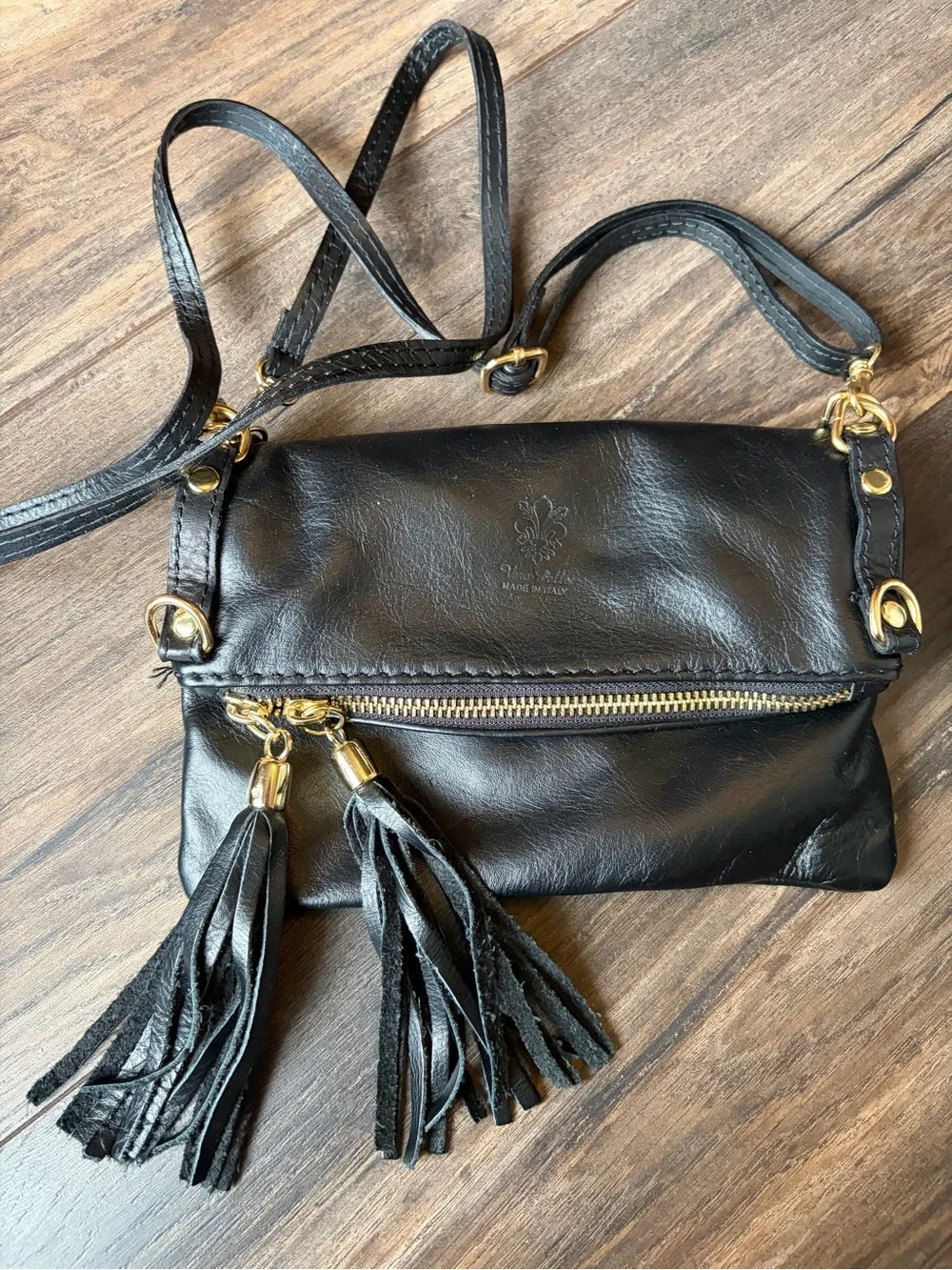 Black Leather Crossbody Bag with Tassels - Made and bought in Italy - Picture 1 of 5